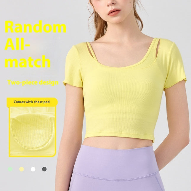 Women's Outerwear Short-sleeved Two-piece Workout Clothes With Chest Pad