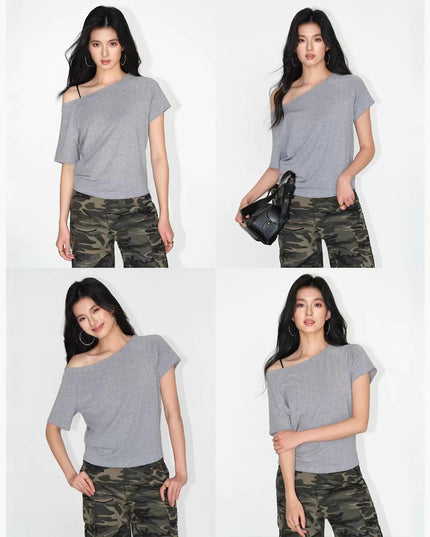 High-end Loose Oblique Shoulder Tops Short Sleeve Women
