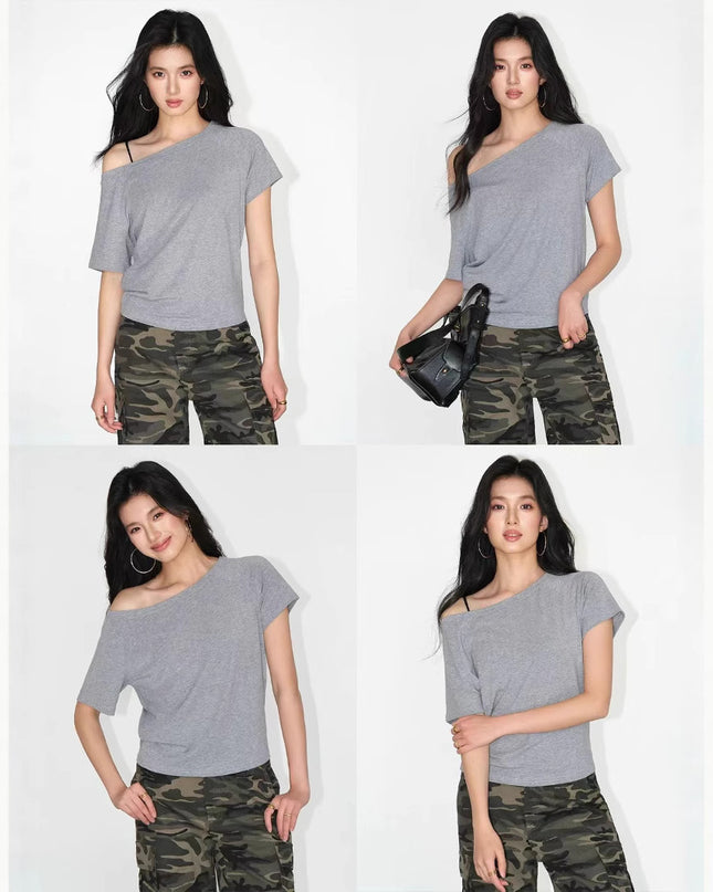 High-end Loose Oblique Shoulder Tops Short Sleeve Women