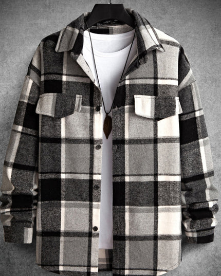 FallWinter Slim Brushed Plaid Long Sleeve Flannel Shirt Men