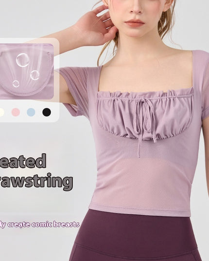 Lace Pleated Yoga Clothing Top Sports Short Sleeve With Chest Pad