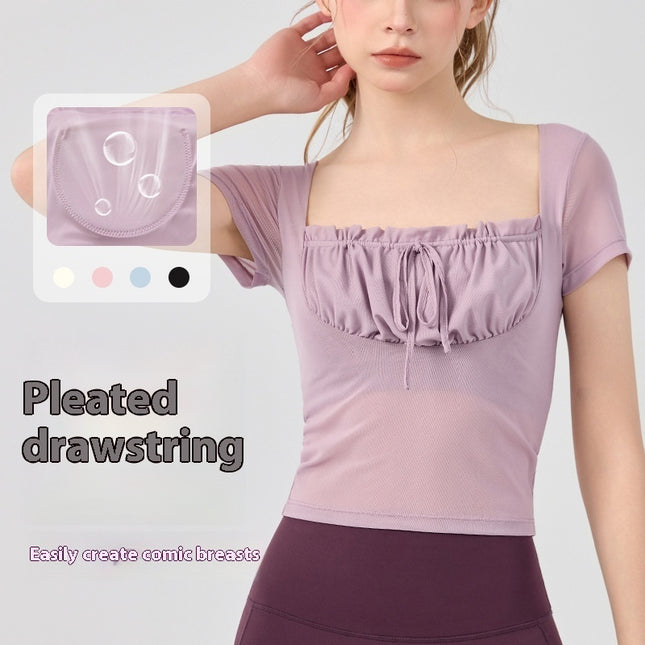 Lace Pleated Yoga Clothing Top Sports Short Sleeve With Chest Pad
