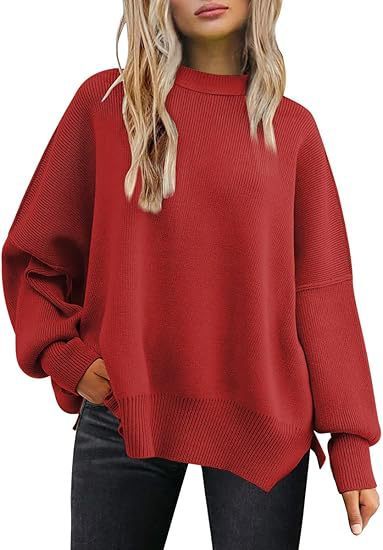 Thick Needle Side Slit Sweater Round Neck Loose Solid Color Batwing Long Sleeve Sweater For Women