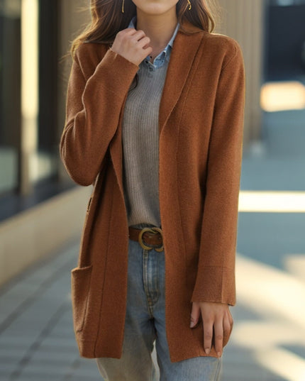 New Polo Collar Solid Color Long-sleeved Knitted Cardigan Loose Pockets Sweater Coat For Women