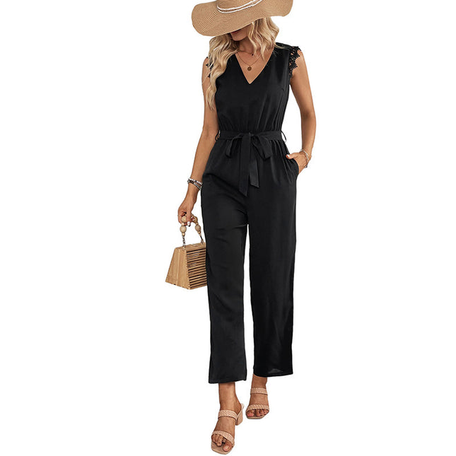 Stitching Lace V-neck Sleeveless Backless Jumpsuit