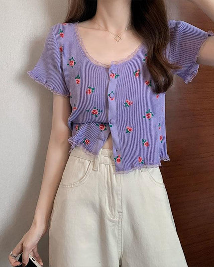 Age-reducing Floral Knitted Bottoming Shirt Short Sleeve