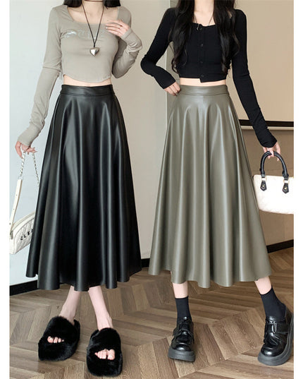 Leather Medium Length Simple A- Line Umbrella Skirt