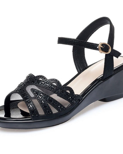 Women's Summer Chunky Mid Wedge Sandals With One Line Buckle Heels