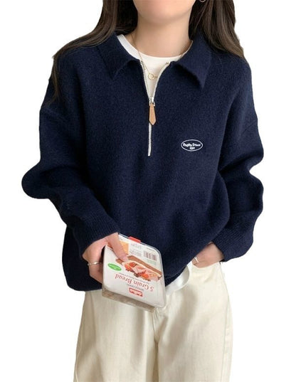 Korean Style Simple Polo Collar Zipper Inner Knitted Sweater