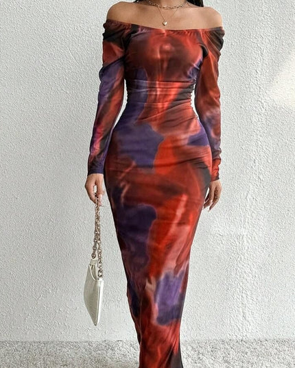 Printed Pleated Sexy Tight Split Square Collar Dress