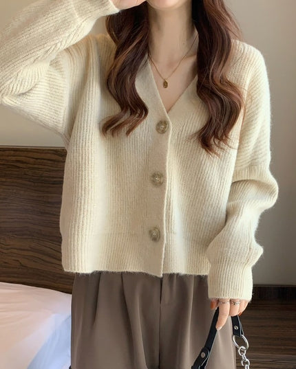 Women's V-neck Pure Color All-match Sweater Coat