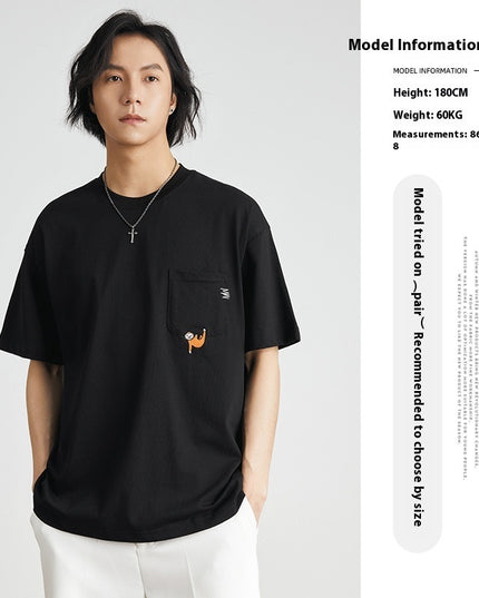 Embroidered Crew Neck T-shirt Cotton Double Yarn Loose