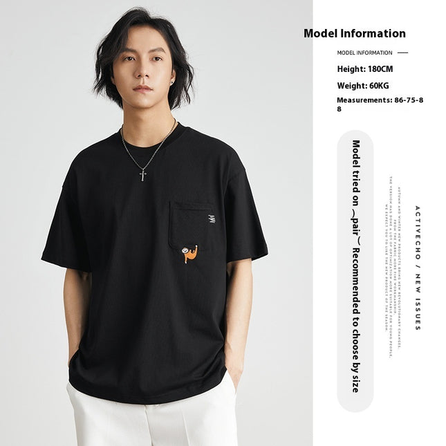 Embroidered Crew Neck T-shirt Cotton Double Yarn Loose