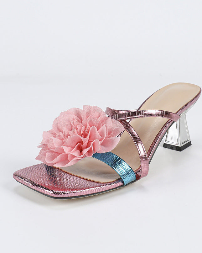 Women's Square Toe Three-dimensional Flower High Heel Sandals