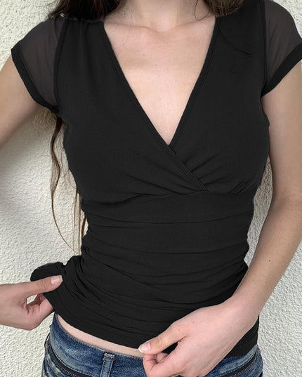 Deep V Design Small Pleated Pure Color Mesh Stitching Short Sleeve
