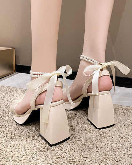 Medium Chunky Heel Crystal French Style Fairy Pearl Roman Sandals