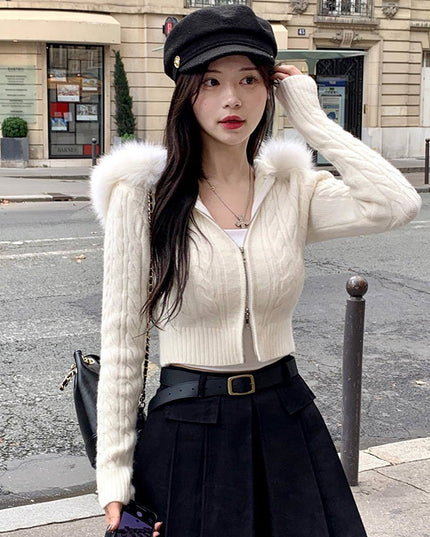 Women's Wool Stitching Hooded Wool Top With Twist Zipper Nipped Waist Knit Sweater