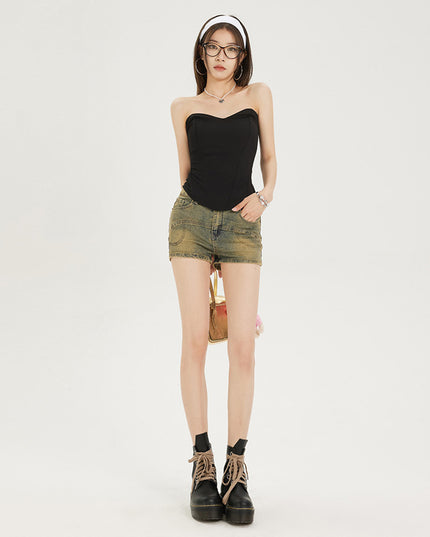 Mud Yellow Stretch Denim Shorts For Women
