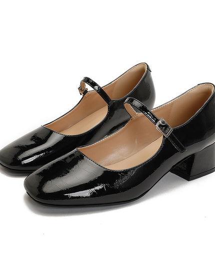 Square Toe Patent Leather Buckle With Pearl Mary Jane Shoes Women