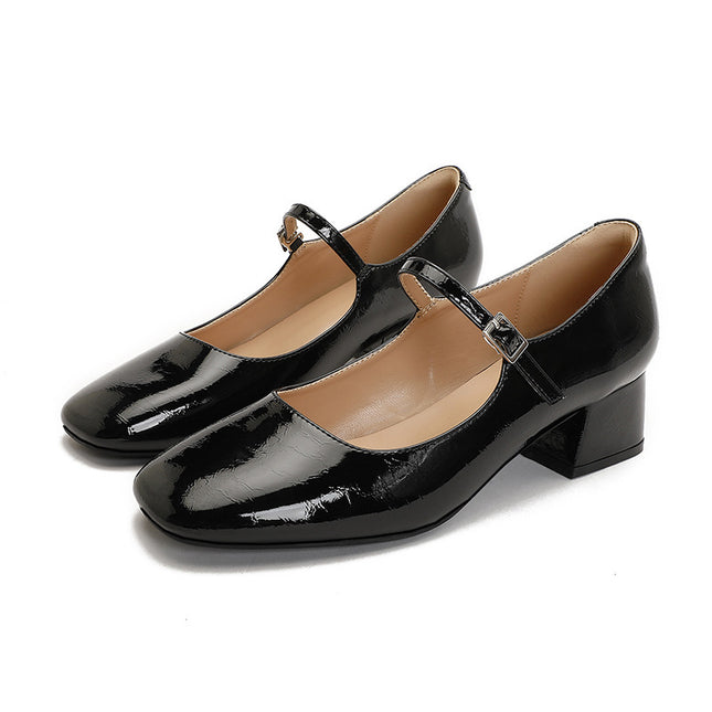 Square Toe Patent Leather Buckle With Pearl Mary Jane Shoes Women