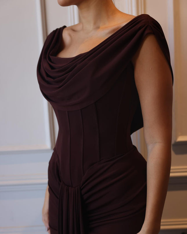 Brown Swoosh Collar Sleeveless Maxi Dress