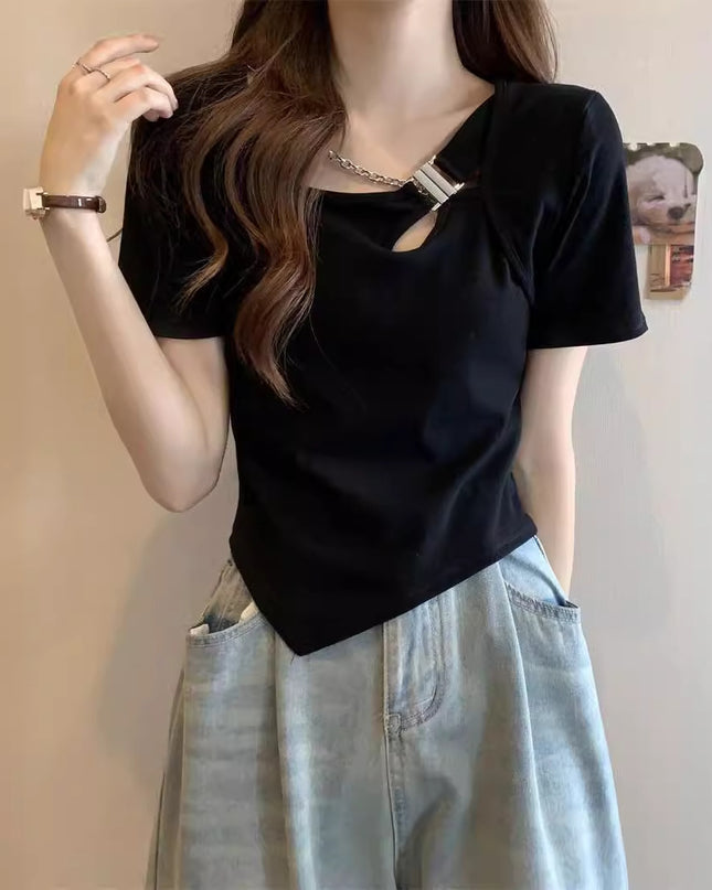 Slim Fit And Thin Cover Belly Hot Girl Irregular Short-sleeved T-shirt For Women