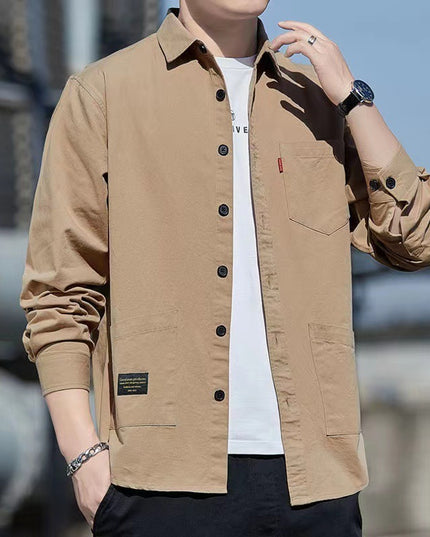 Casual Lapel Long Sleeve Shirt With Pockets Spring And Autumn Jacket Shirt Men's Tops