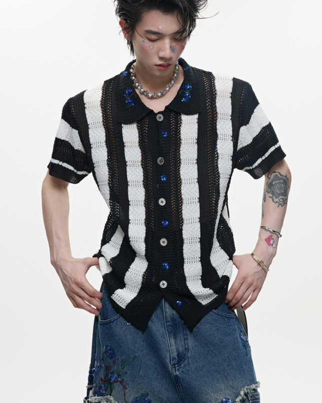 Men's Patchwork Striped Niche Retro Knitted Short Sleeved Shirt