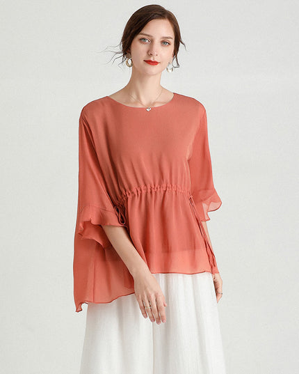 Summer New Style Temperament Short-Sleeved Plus Size Slimming Silk Blouse Women
