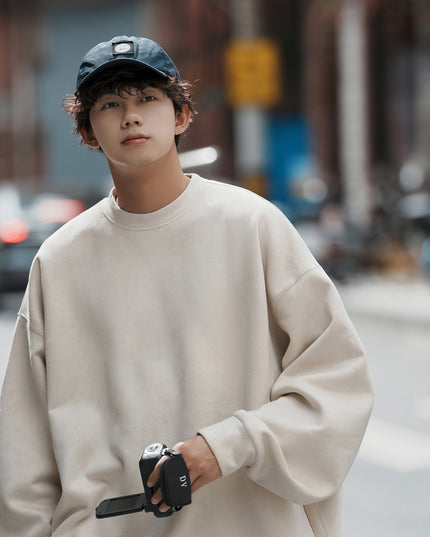 Suede Heavy Round Neck All-matching Sweater Men's Solid Color Loose