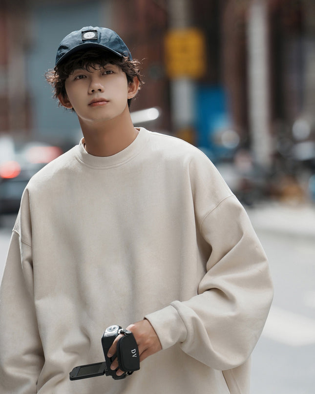 Suede Heavy Round Neck All-matching Sweater Men's Solid Color Loose