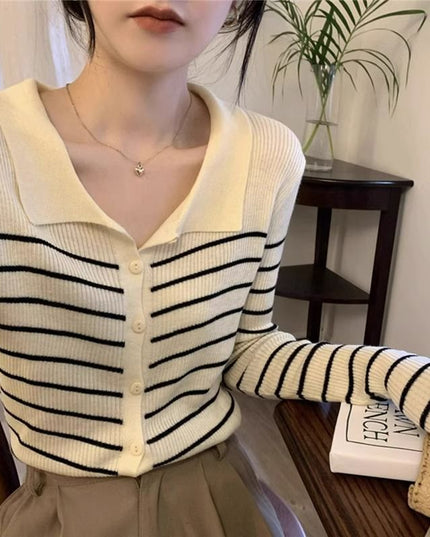 Women's Black And White Autumn Striped Sweater Top