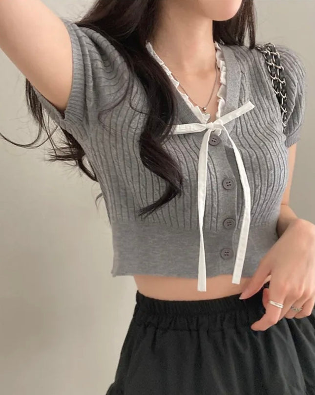 Tied V-neck Ice Silk Short Sleeve Knitwear Women's Short Top