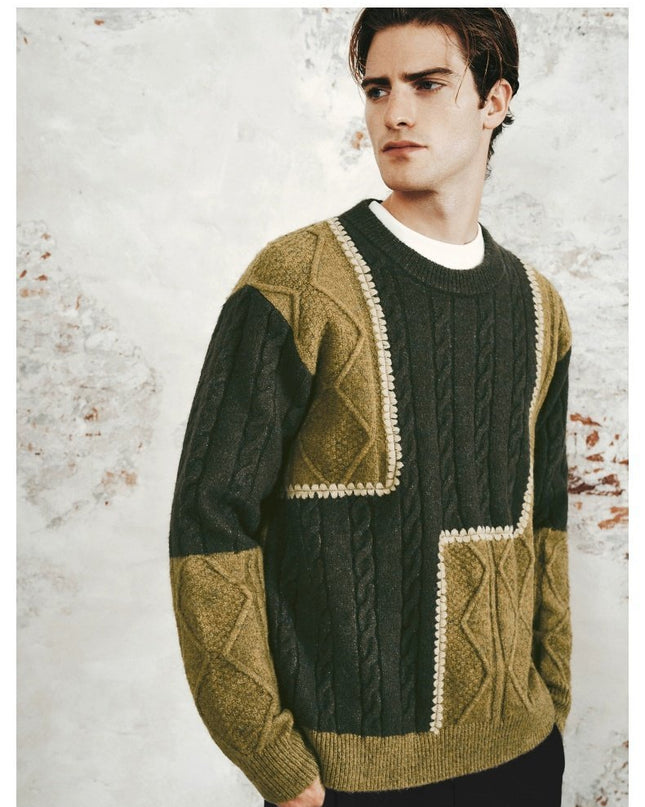 Men's Retro Casual Contrast Color Patchwork Round Neck Knitwear