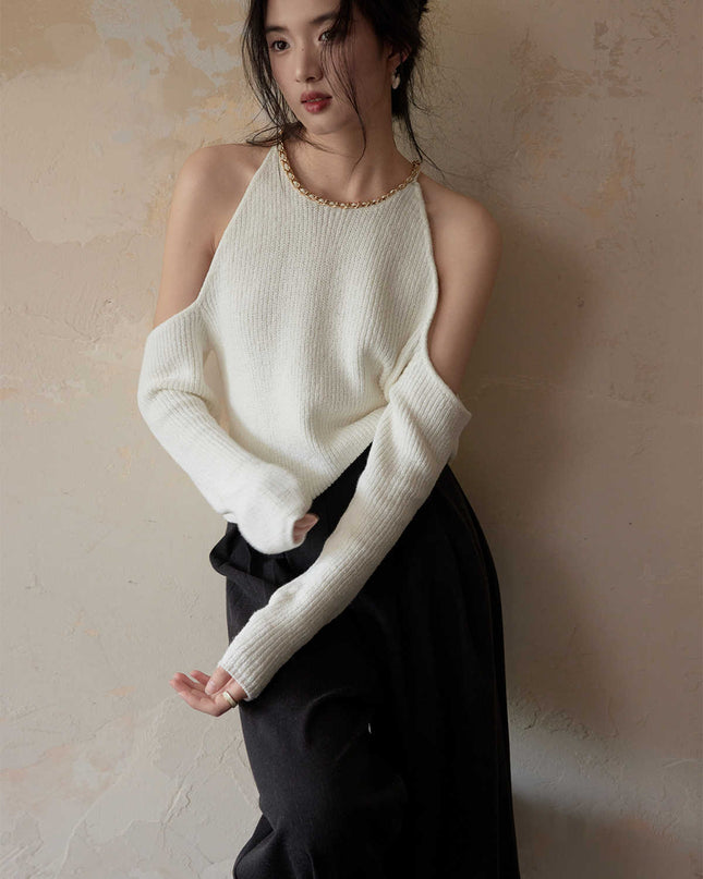 Chain Embellished Neckline Shoulder-baring Sweater