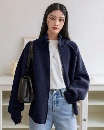 Solid Color Stand Collar Zipper Knitted Cardigan Top