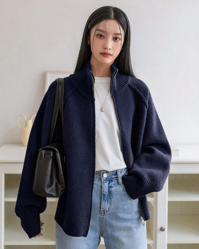 Solid Color Stand Collar Zipper Knitted Cardigan Top