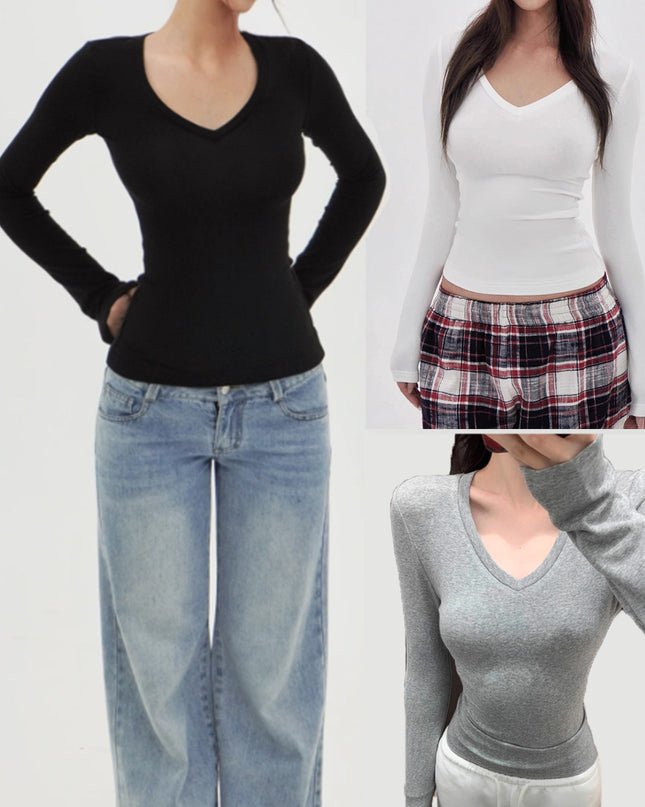 American Hot Girl Delicate V-neck Shoulder Long Sleeve T-shirt