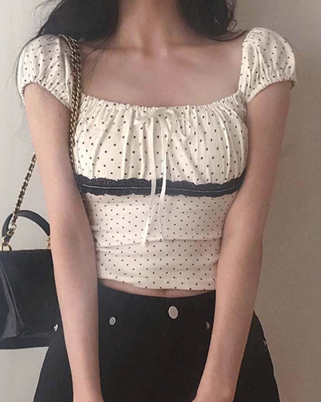 Women's Polka Dot Lace Stitching Tied Square Collar Short Sleeve Top