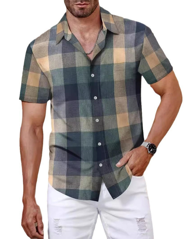Plaid Shirt Men's Short Sleeve Fashion Korean Style Green