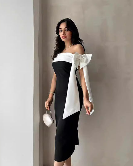 Women's Off-shoulder Bow Black And White Color Matching Elegant Cocktail Dress