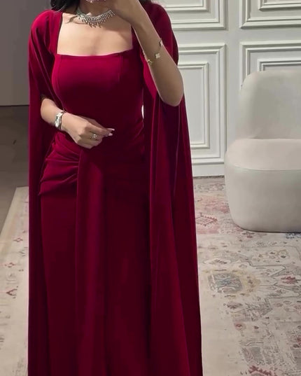 Elegant Burgundy Square - Neck Cape  Maxi Dress