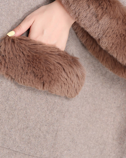 Ladies Fur Collar Lapel Pocket Wool Cardigan Jacket