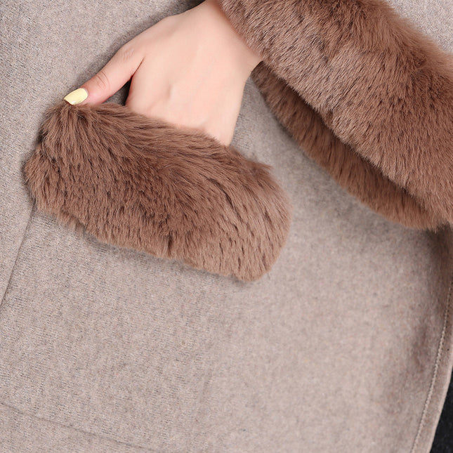Ladies Fur Collar Lapel Pocket Wool Cardigan Jacket