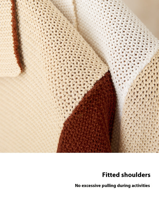 Hollow Cotton And Linen Lapel Short-sleeved Cardigan Knitted Top