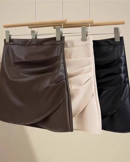 Black Small Leather Skirt Women's Springautumnwinter High Waist Ruffle Hip Short Skirt