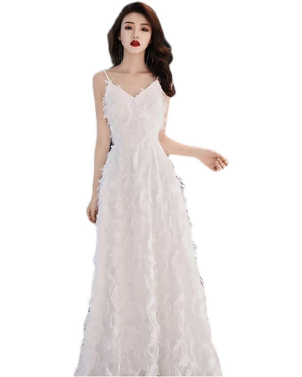 Evening Dress Female White Suspenders Birthday Party