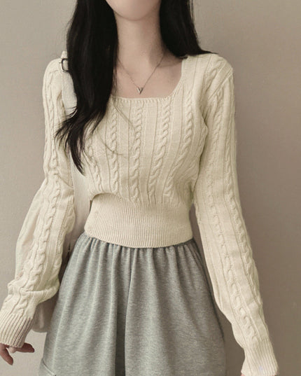 Retro Twist Knitted Sweater Single Row Button Square Collar Solid Color Underwear Top