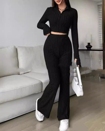 Solid Color Knitted Long Sleeve Turtlenecks Wide Leg High Waist Trousers Suit