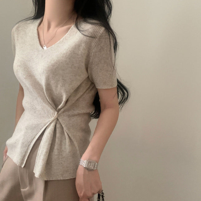 Summer Elegant V-neck Split Waist Fitted Short-sleeved Sweater